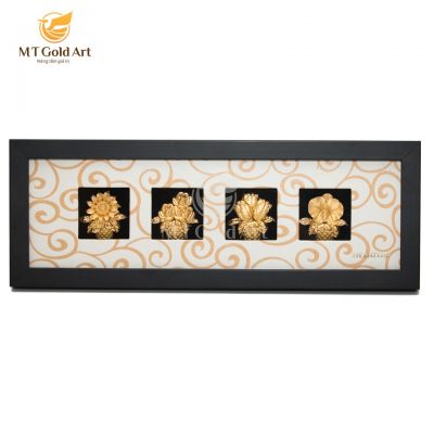 Tranh bốn giỏ hoa dát vàng (13x36cm) - Nền sáng