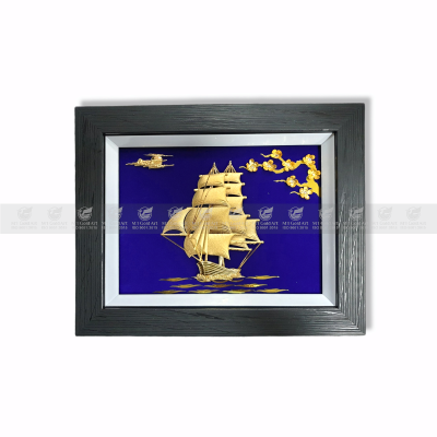 Tranh thuyền buồm hoa mai dát vàng (27x34cm)